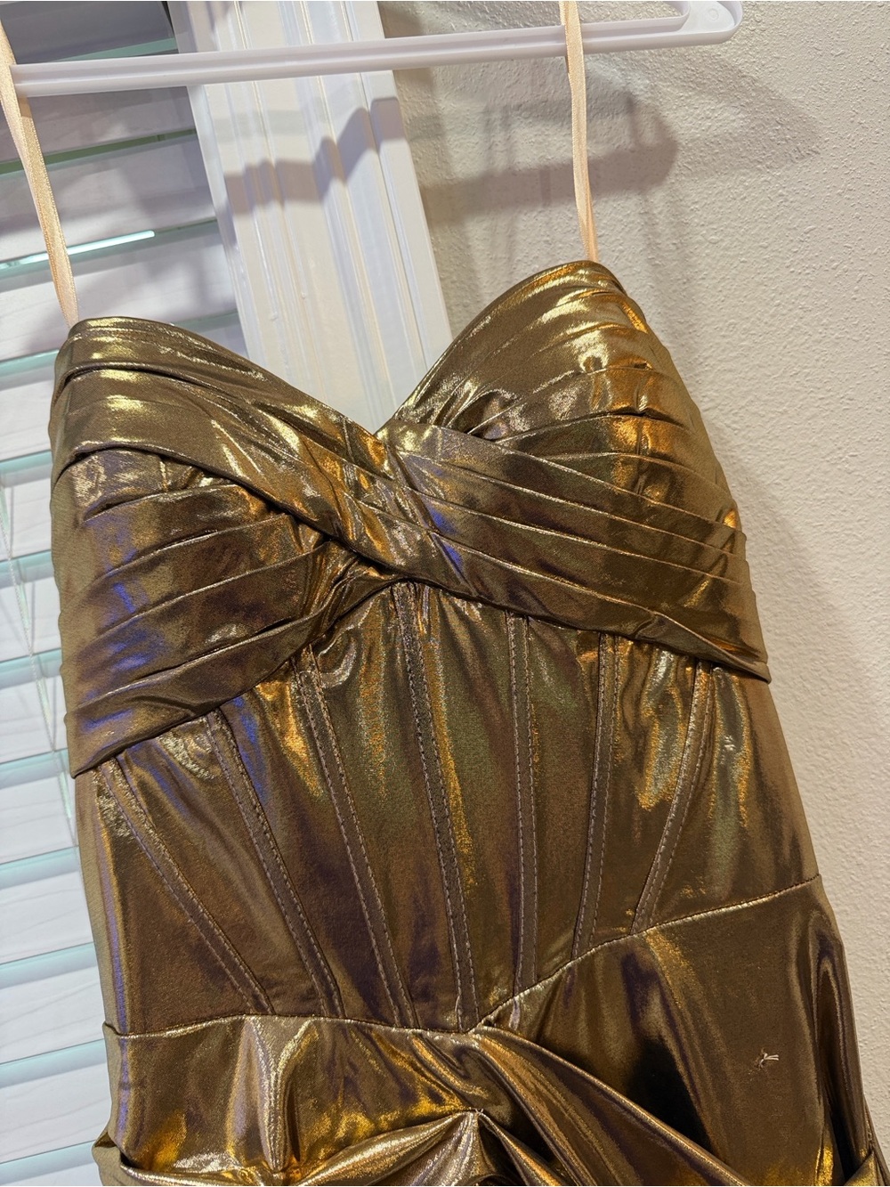 Strapless Metallic Gold Ruched Bodycon Dress - Picture 3 of 4